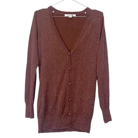 FOREVER 21 brown with gold shimmer cardigan size medium - Picture 1 of 7